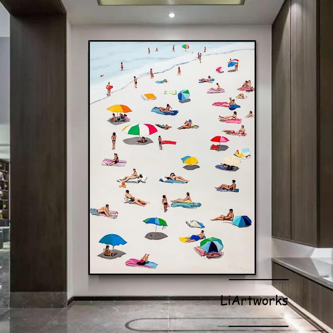 Beach Bathers Colorful Umbrellas Calm Sea Summer Retreat Art Poster - Image 4