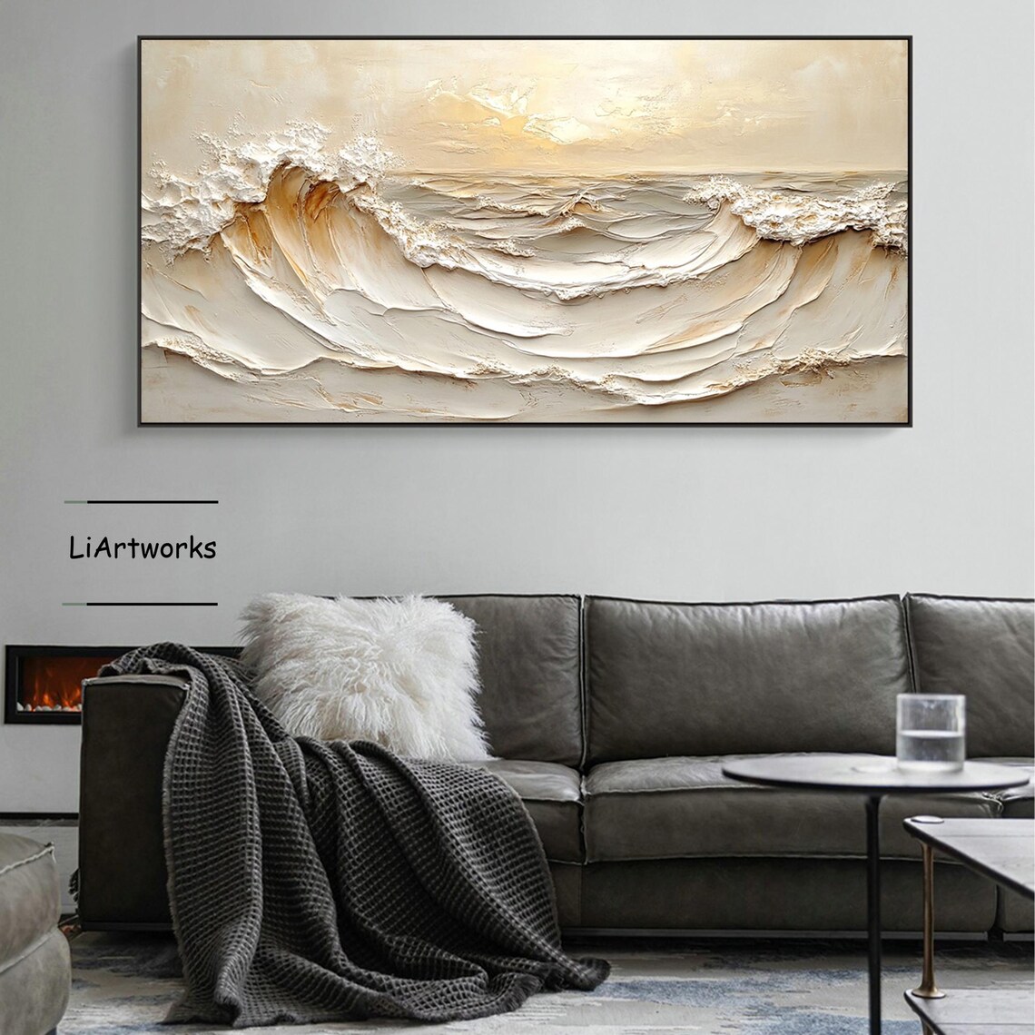 Sunlit Golden Cream Ocean Wave Curl in Thick Impasto Art Poster - Image 3
