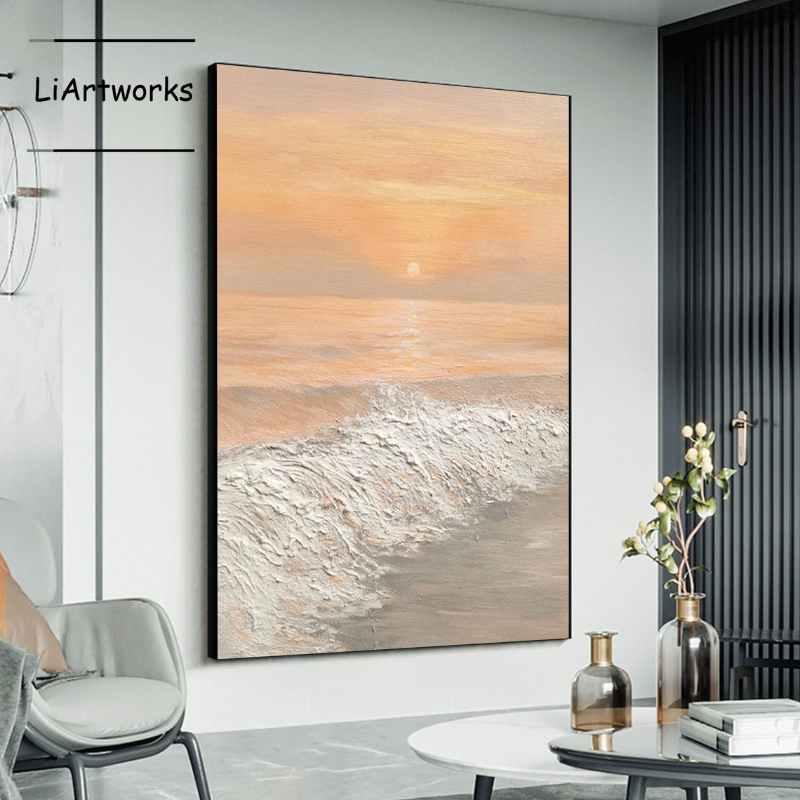 Abstract Peach Sunset Ocean Waves Textured Impasto Seascape Art Poster - Image 4