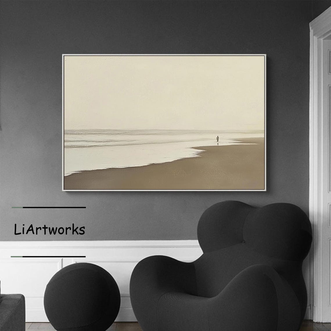 Minimalist Beige Beach Scene With a Lone Figure Walking on Sand Poster - Image 4