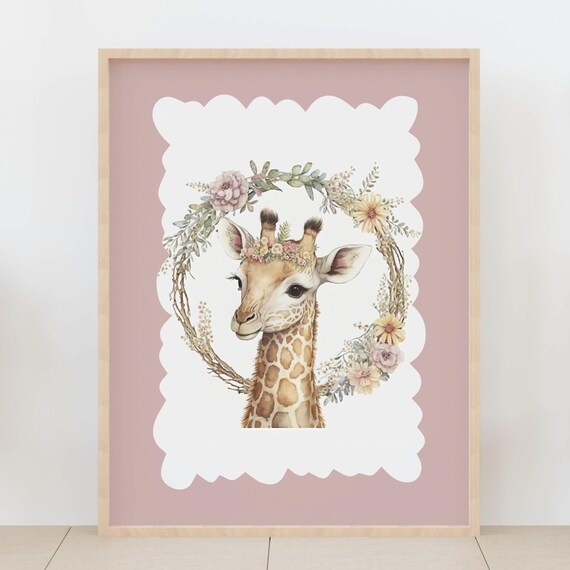 Watercolor Baby Giraffe Floral Wreath Crown Boho Safari Nursery Print
