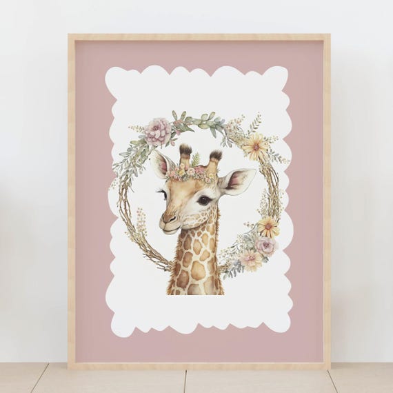 Watercolor Giraffe With Flower Wreath Print Boho Safari Nursery Art Floral Crown Animal