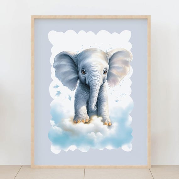 Baby Elephant On Cloud Wall Art Blue Safari Nursery Dreamy Jungle Animal Kids Room Decor Shower Poster