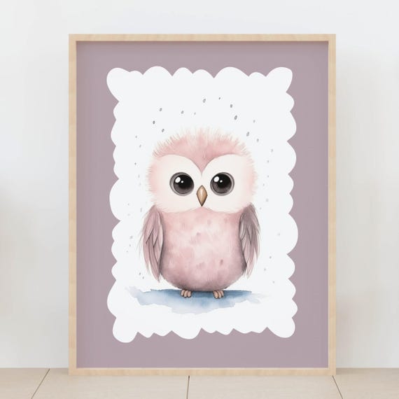 Baby Owl Wall Art Watercolor Pink Print For Nursery Kids Room Playroom Animal Lover Gift Instant