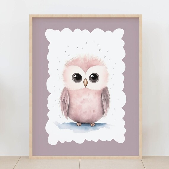 Baby Owl Watercolor Pink Nursery Cute Bird Kids Room Art Poster