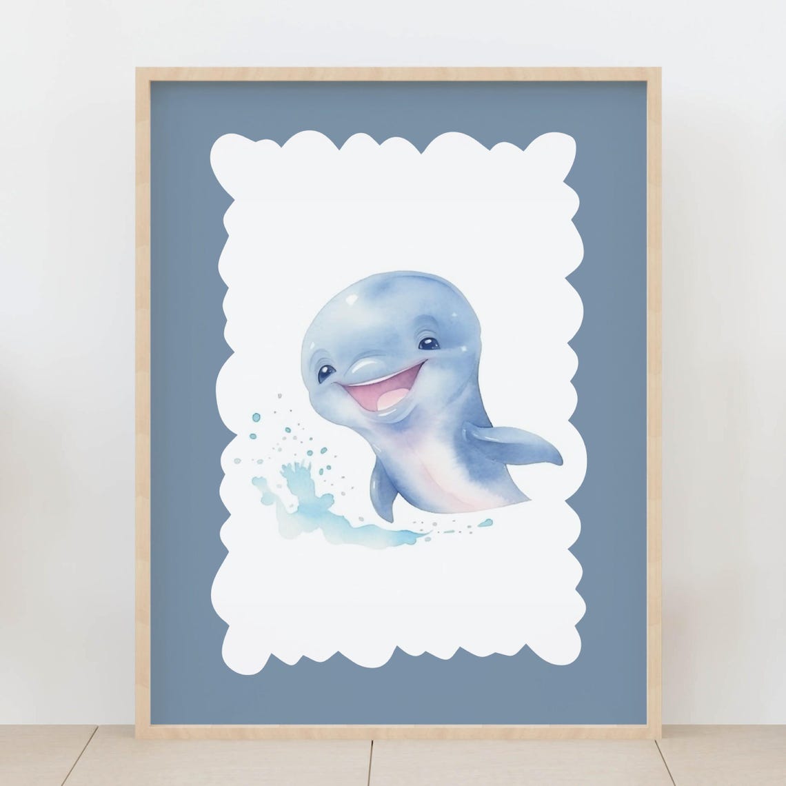 Smiling Baby Dolphin Watercolor Ocean Nursery Animal Art Poster
