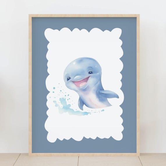 Dolphin Wall Art Ocean Animal Nursery Decor Watercolor Baby Kids Room Sea Life Poster