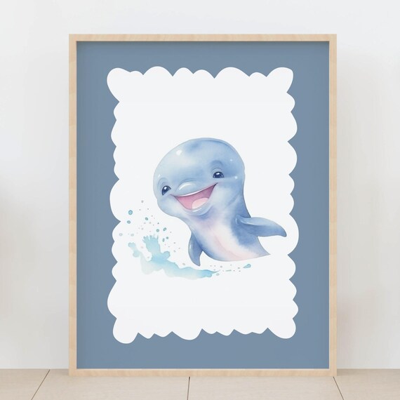 Smiling Baby Dolphin Watercolor Ocean Nursery Animal Art Poster