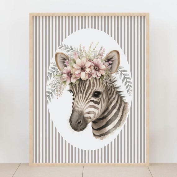 Kids Room Baby Zebra With Floral Crown Nursery Wall Art Neutral Safari Animal Decor Shower Birthdays Gift