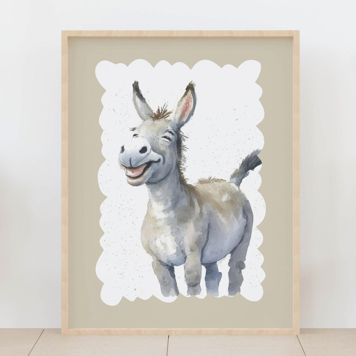 Happy Smiling Donkey Watercolor Farm Animal Nursery Art Poster
