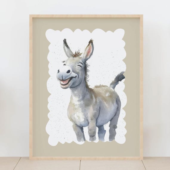 Happy Smiling Donkey Print Farm Animal Nursery Decor Watercolor Rustic Kids Art For Cheerful Playroom Decoration