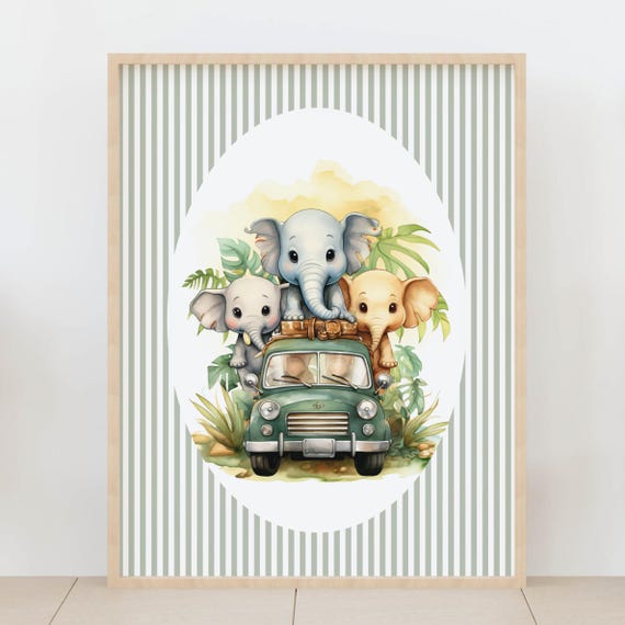Sage Green Stripes Baby Room Decor Elephant Safari Nursery Wall Art Elephants On Car Whimsical Animal Poster