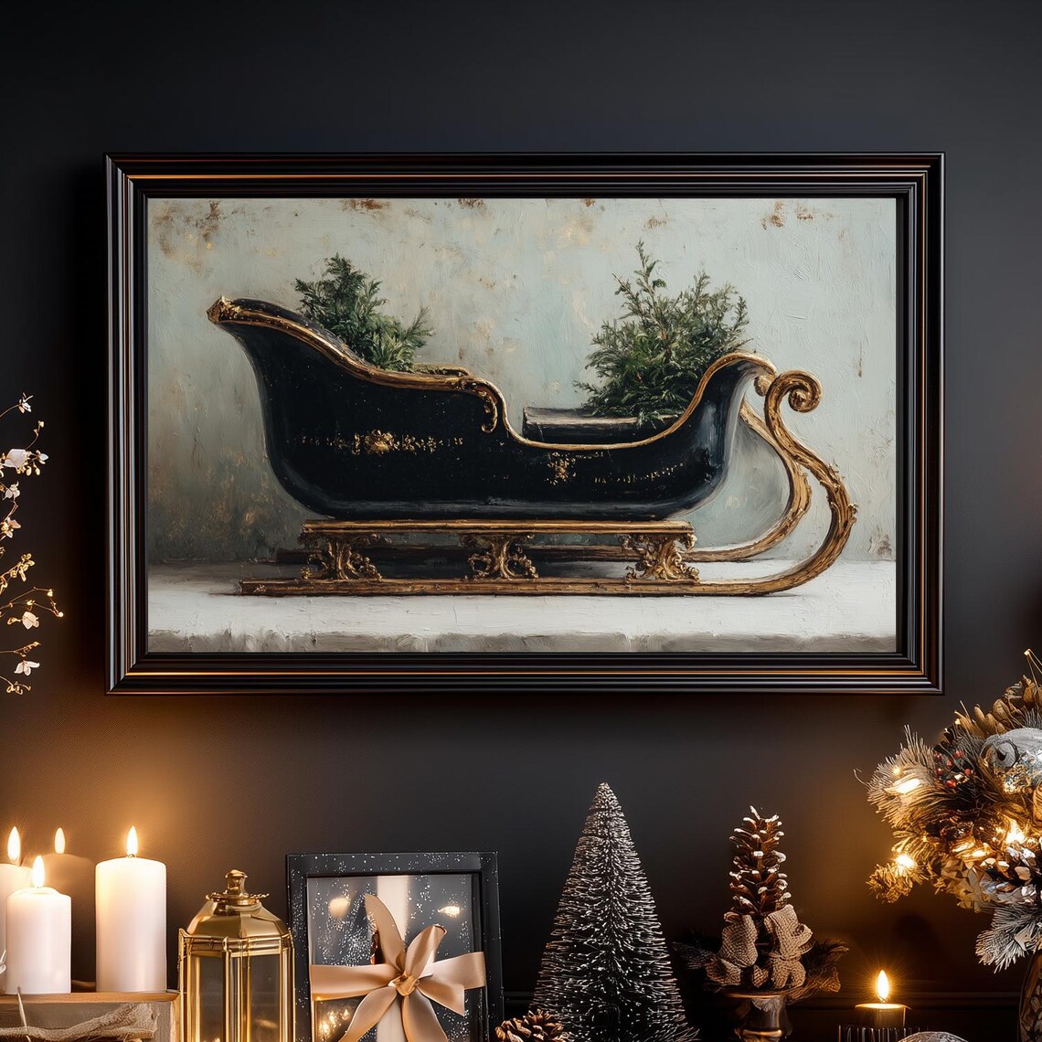 Vintage Black And Gold Sleigh With Pine Moody Holiday Art Print
