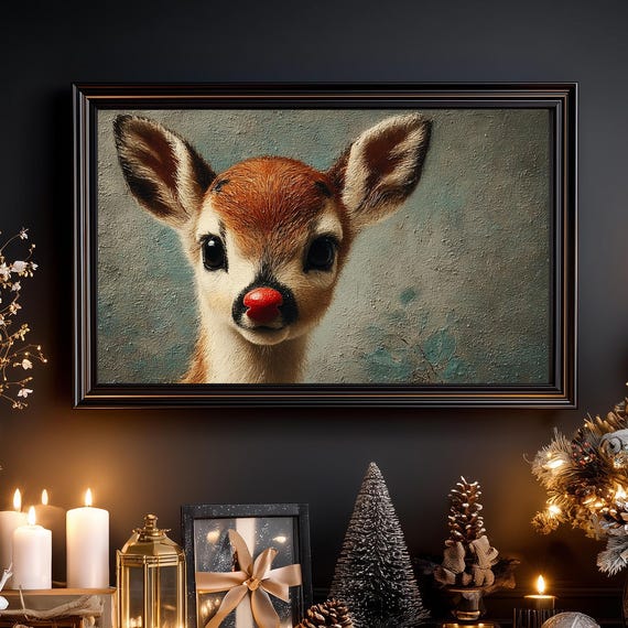 Vintage Reindeer Christmas Art Print, Rustic Holiday Decor
