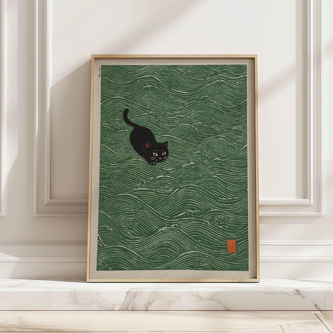 Japandi Black Cat In Waves Vintage Japanese Poster
