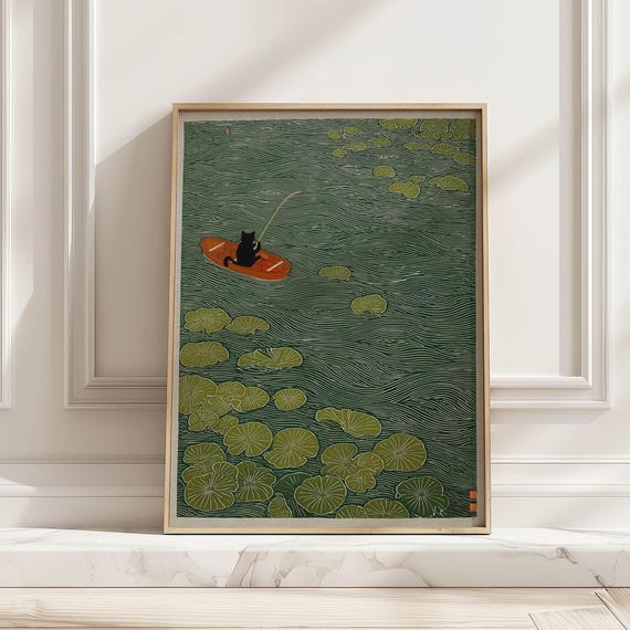 Black Cat Fishing In Pond Japanese Art Print Vintage Minimalist Japandi Poster Modern Wall Decor