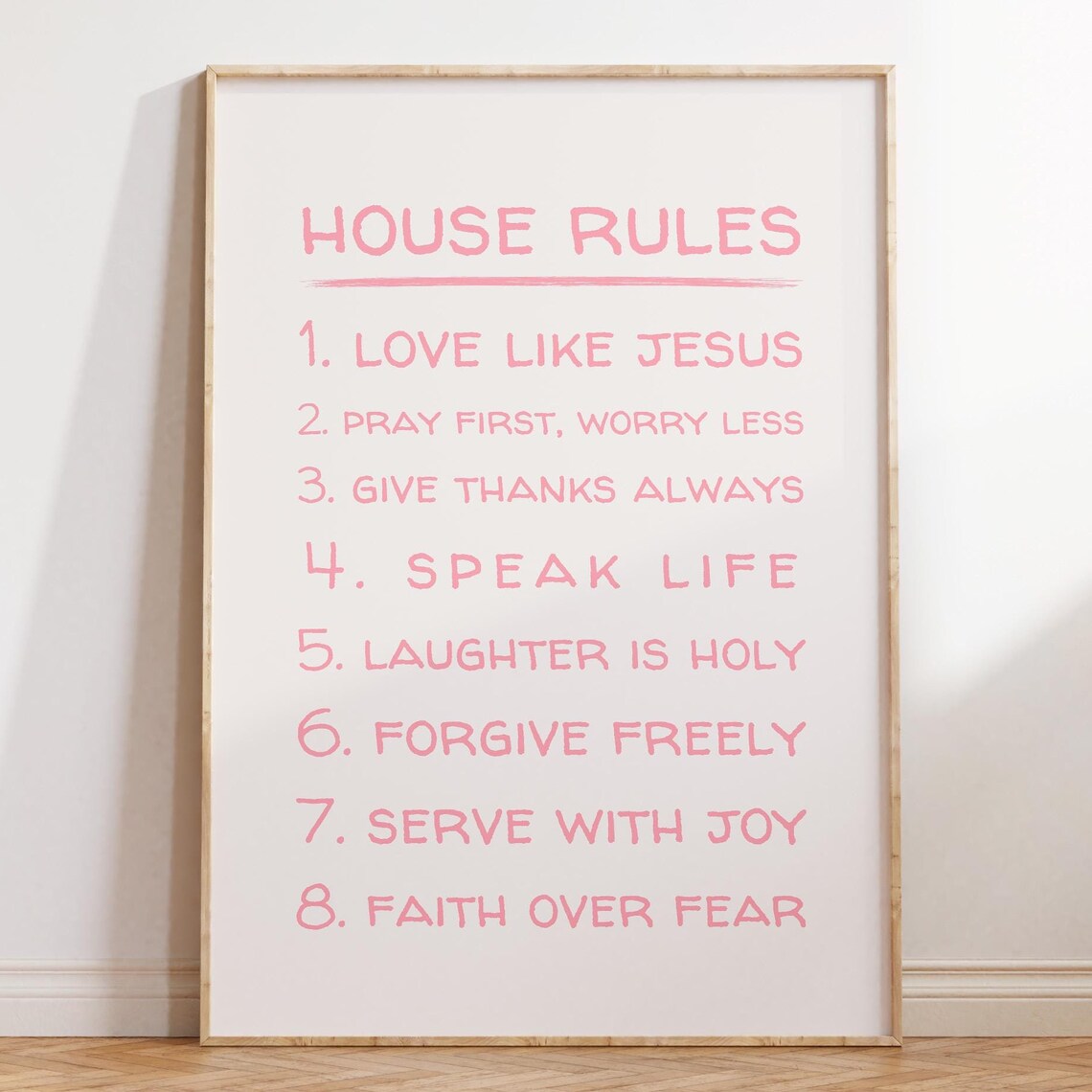 Christian House Rules Pink Hand Lettered Family Values Poster