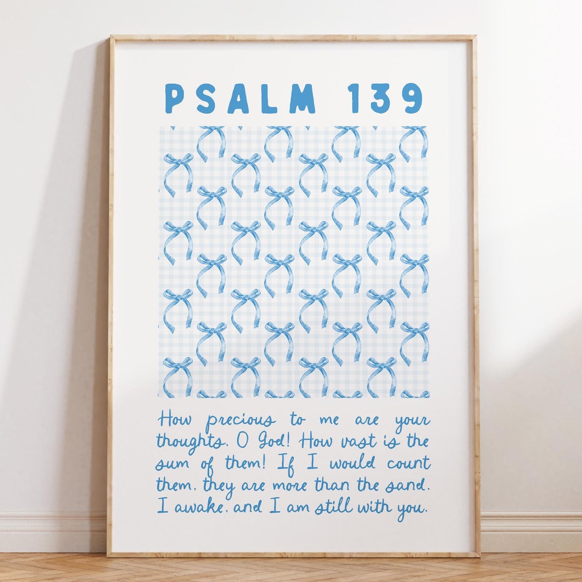 Psalm 139 Blue Gingham Bows Precious Thoughts Coquette Faith Poster