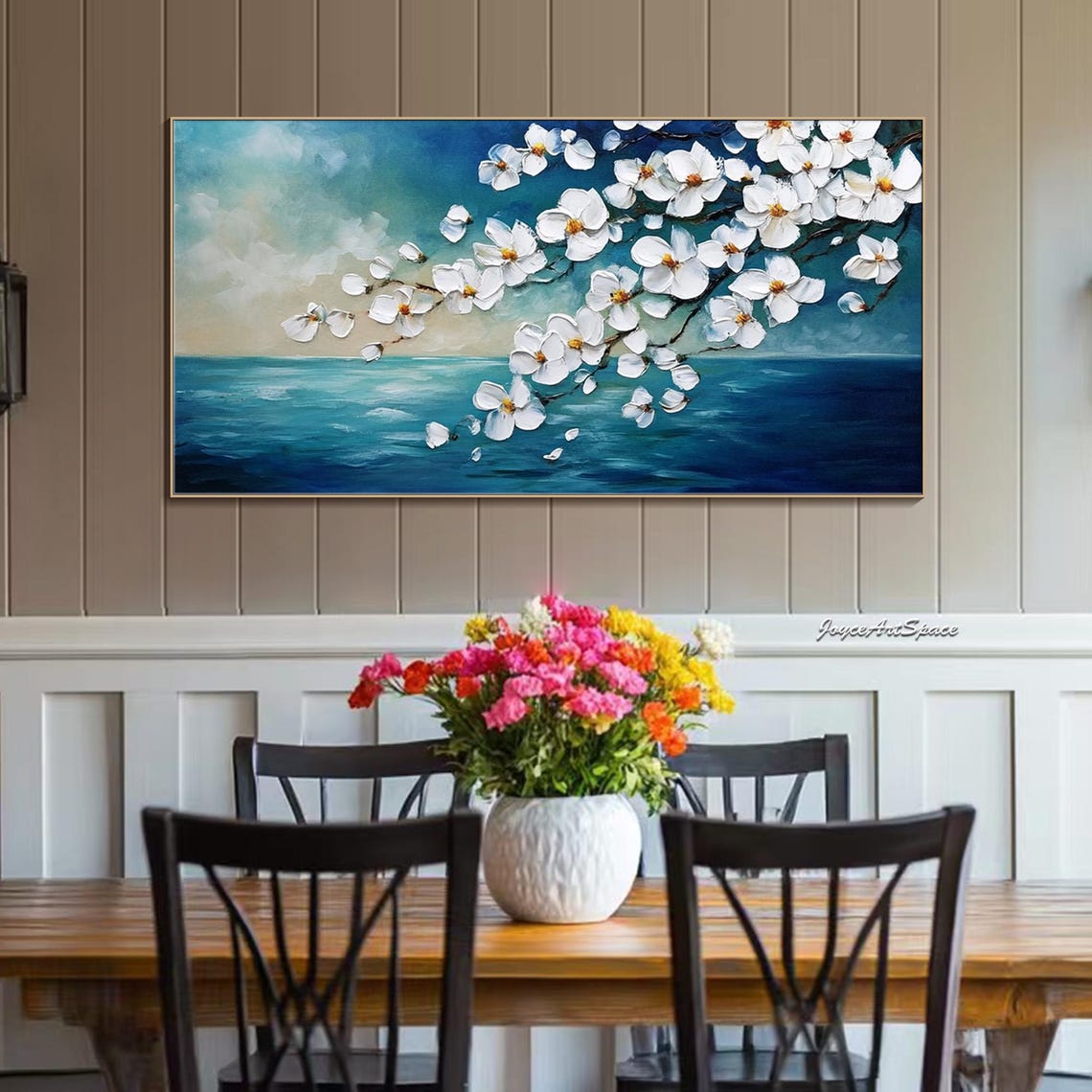 White Cherry Blossom Branch 3D Impasto Teal Ocean Seascape Wall Art - Image 5