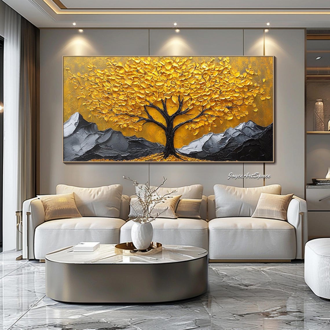 Golden Tree Black Mountains Dramatic Gold Sky 3D Impasto Wall Art - Image 5