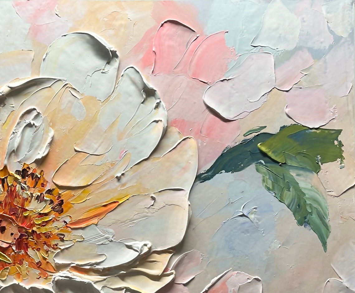 Pink Peony Blossom Close Up Soft Pastel 3D Impasto Floral Wall Art - Image 5
