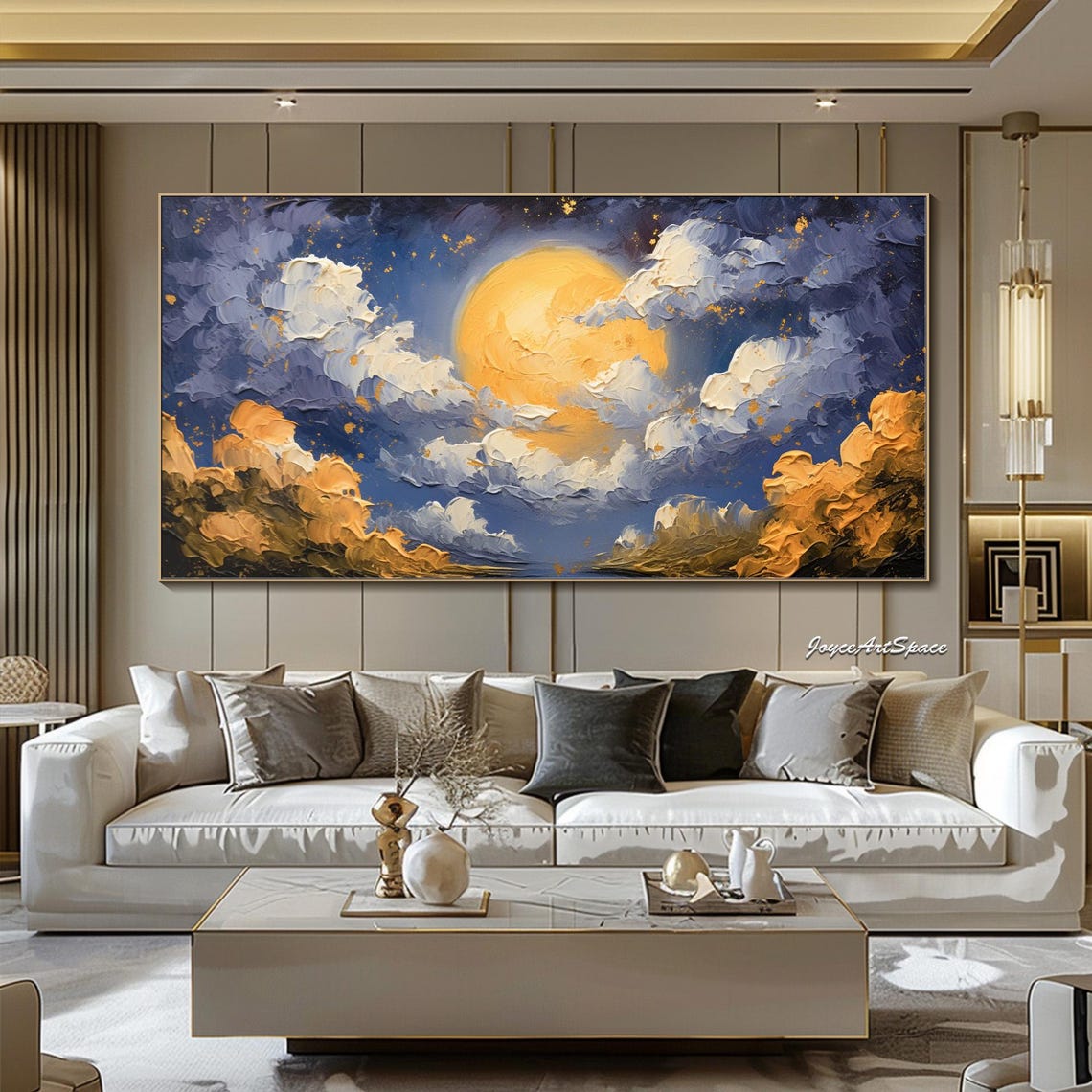 Golden Moonlit Starry Night Clouds Abstract 3D Impasto Wall Art - Image 3