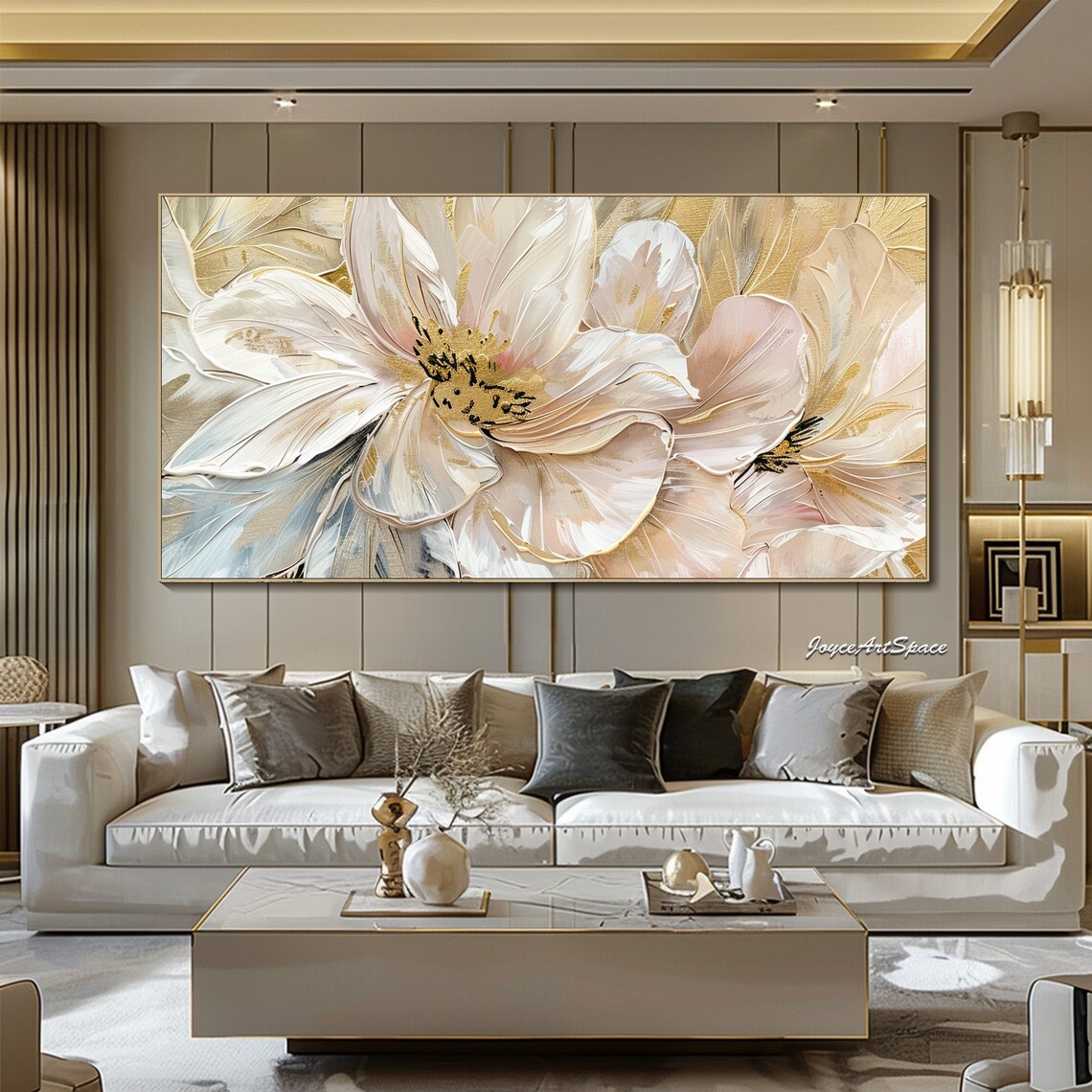 White Gold Floral Close Up Textured 3D Elegant Oil Painting Poster - Image 5