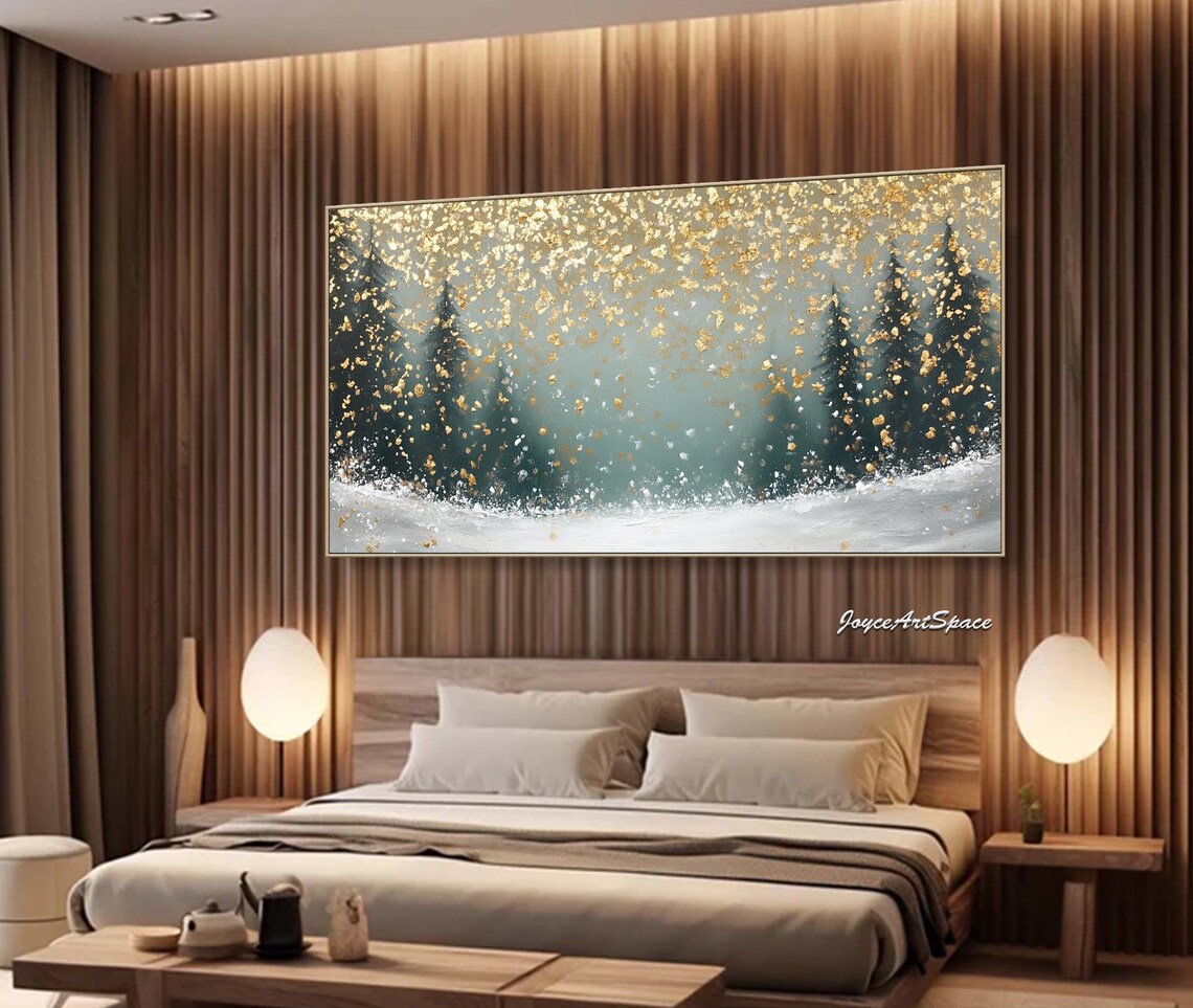 Snowy Winter Forest Gold Leaf Abstract Textured Oil Painting Art Print - Image 2