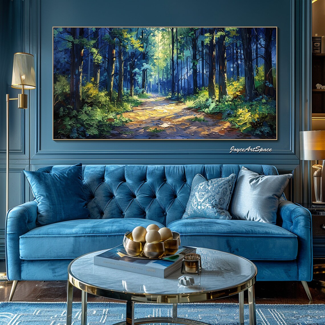 Sunlit Blue Forest Path Golden Light Textured 3D Landscape Poster - Image 2