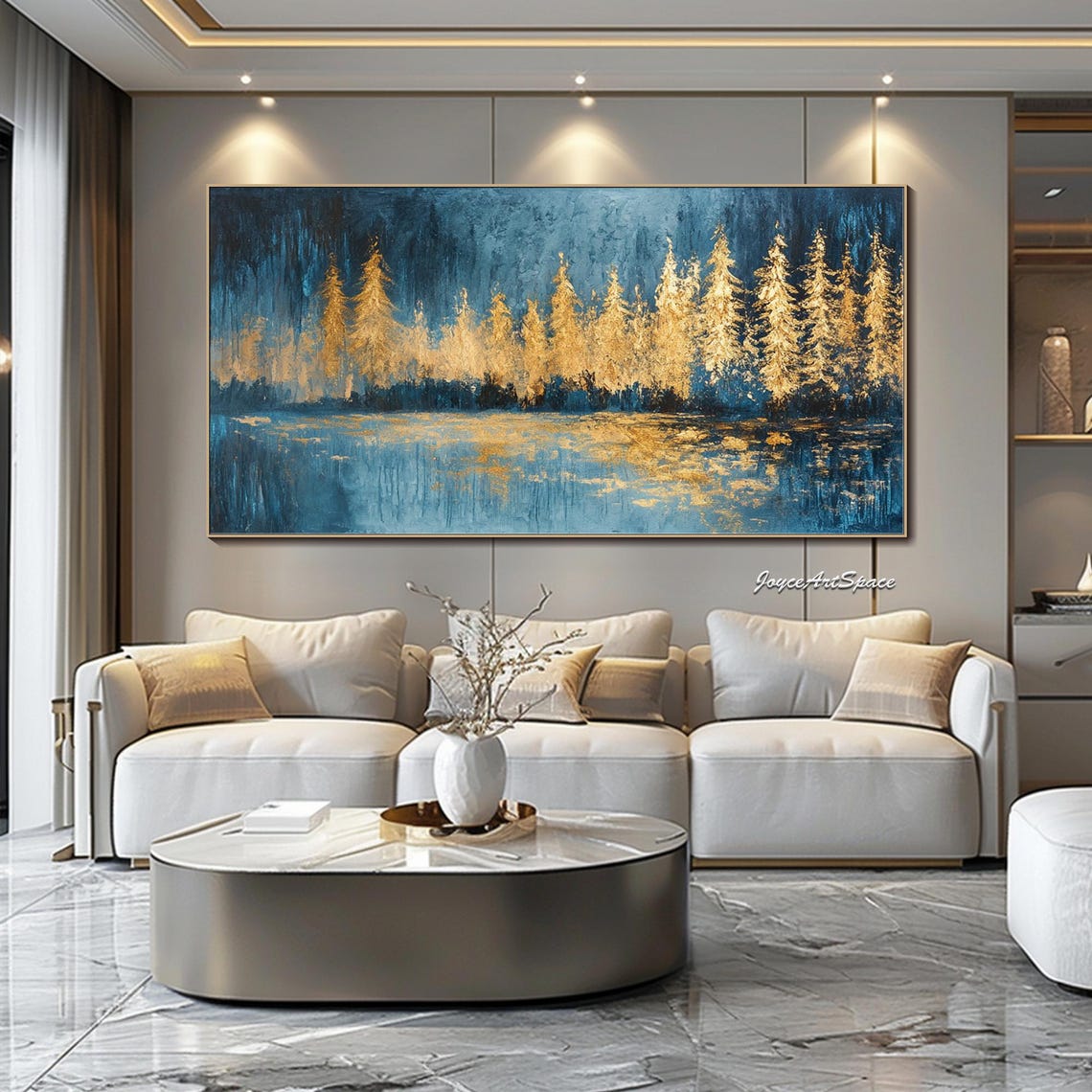 Golden Pine Trees Blue Night Reflection 3D Textured Wall Art - Image 2
