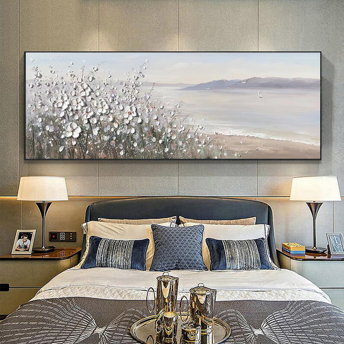 White Flowers By The Water Seascape Sailboat 3D Textured Art Poster - Image 4