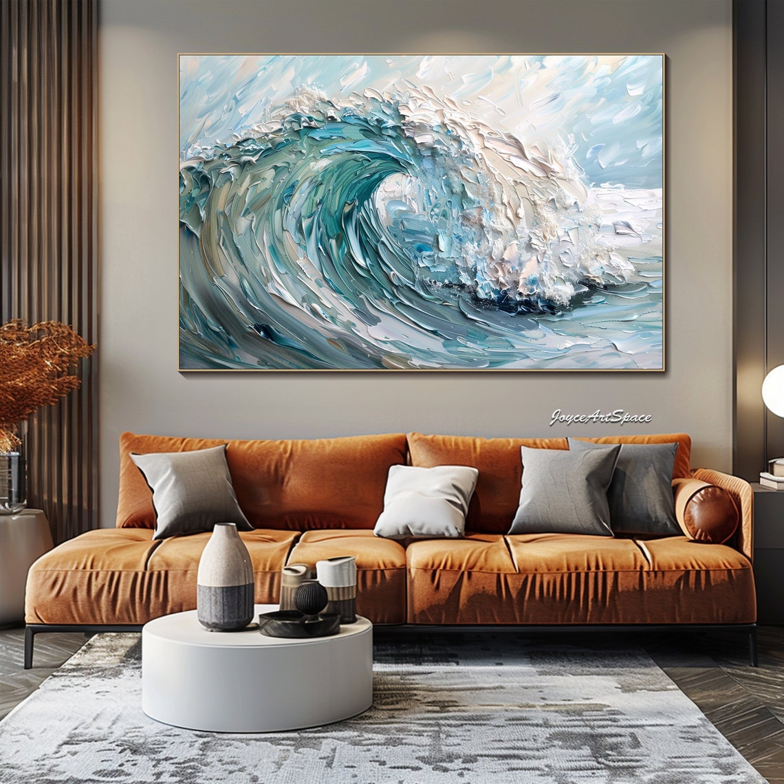 Teal Ocean Wave Curl Impasto Texture Oil Painting Coastal Wall Art - Image 4