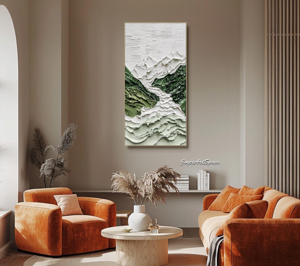 Green White Snowy Mountain Valley Textured 3D Vertical Art Poster - Image 5