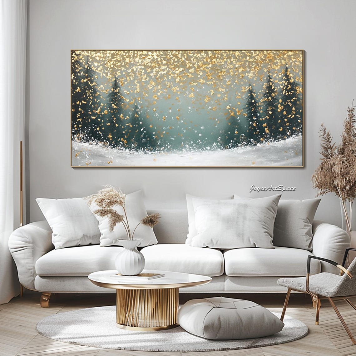 Snowy Winter Forest Gold Leaf Abstract Textured Oil Painting Art Print - Image 4