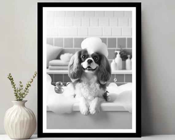 Cavalier King Charles Spaniel Wall Art Funny Bathroom Decor Pet Portrait Dog Gift In Bath
