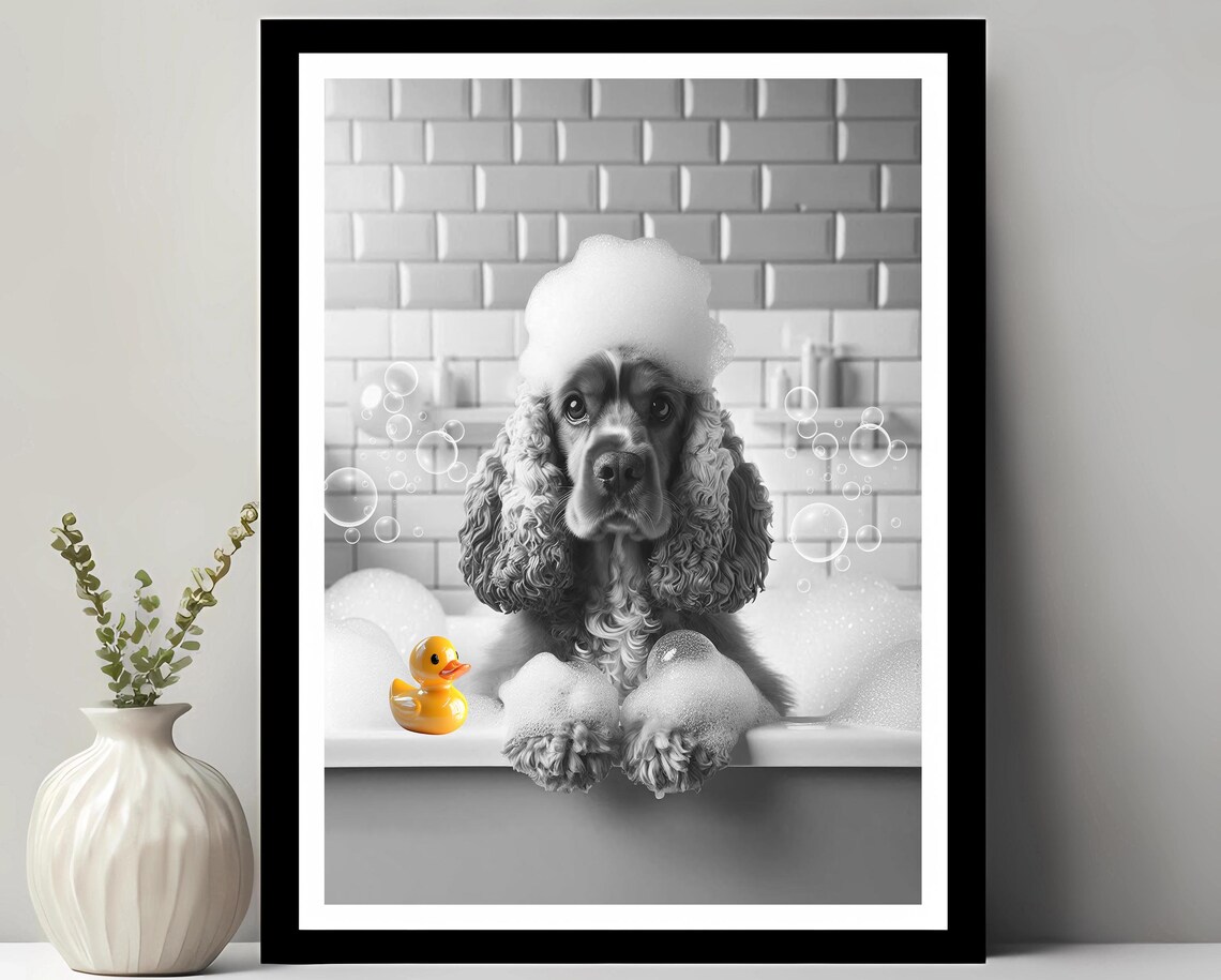 English Cocker Spaniel Wall Art Funny Bathroom Decor Pet Portrait Dog Gift In Bubble Bath