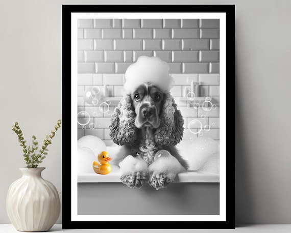 English Cocker Spaniel Wall Art Funny Bathroom Decor Pet Portrait Dog Gift In Bubble Bath