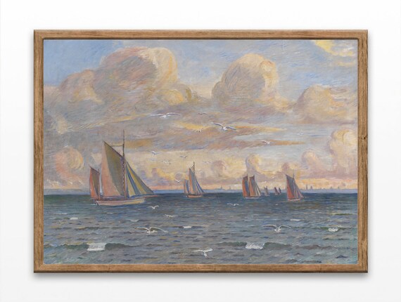 Vintage Sailboat Seascape Painting Cloudy Sky Nautical Ocean Poster