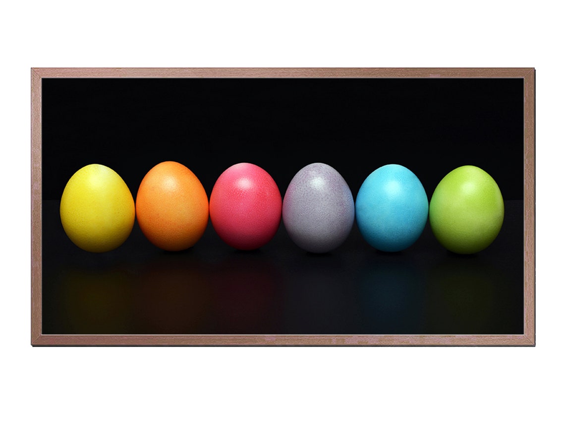 Six Colorful Dyed Easter Eggs In A Row On Black Background Art Poster