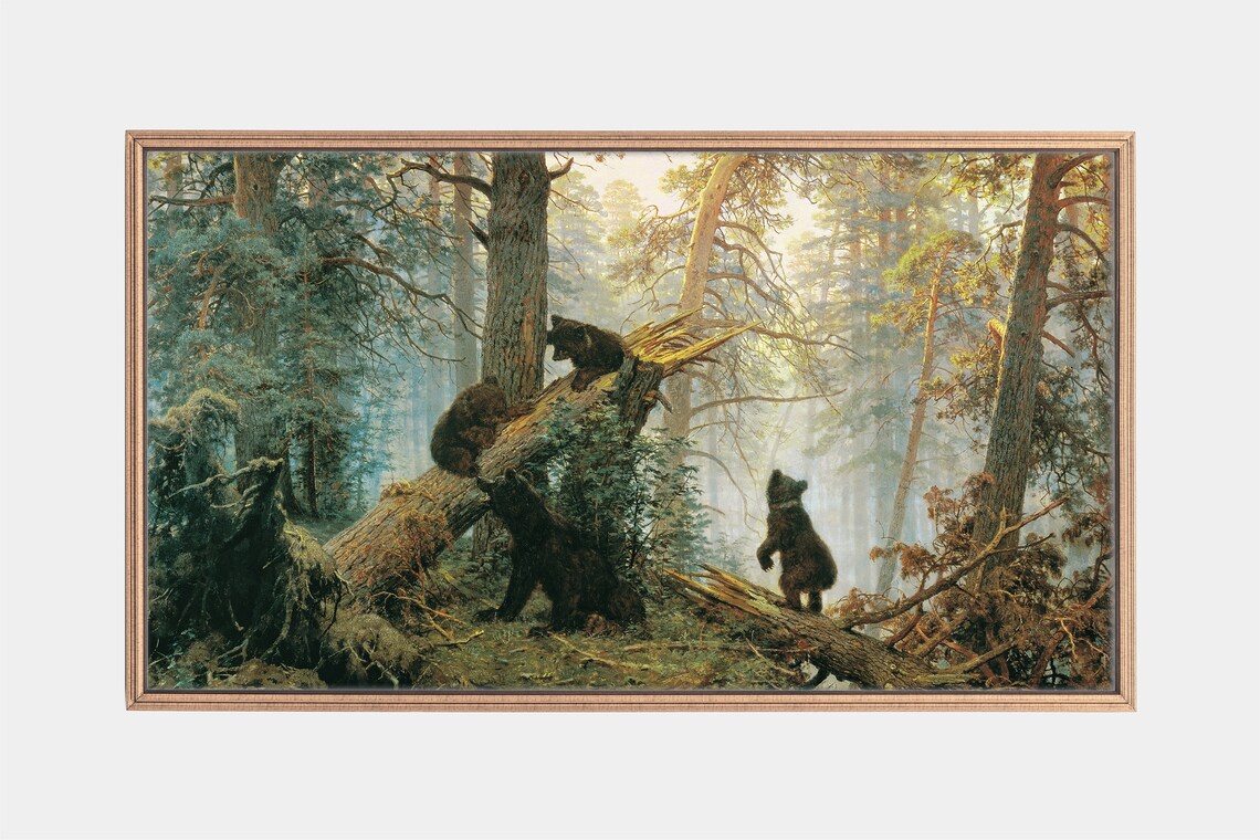 Vintage Forest Bears Playing Landscape Art Print