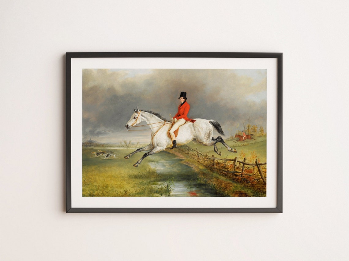 English Fox Hunter In Red Coat On Grey Horse Jumping Fence Oil Poster - Image 4