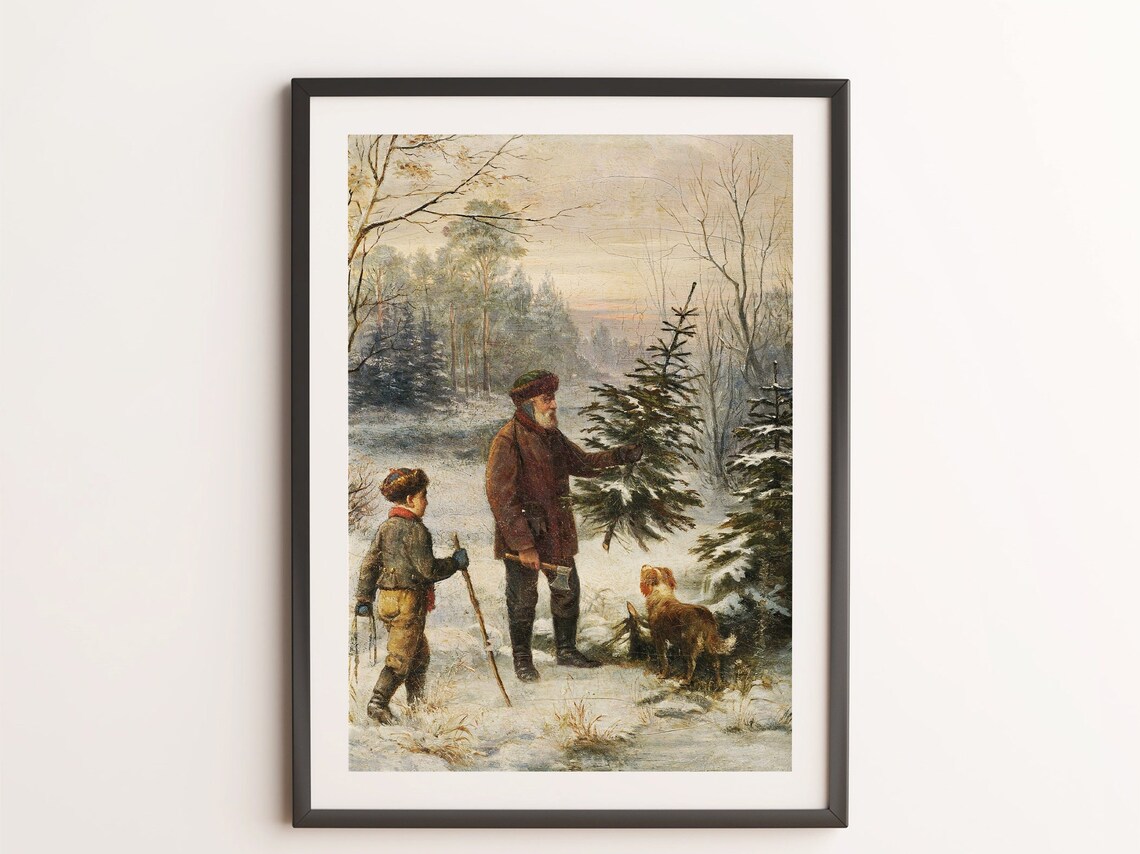 Vintage Christmas Trees Art Print, Lumberjack Scene - Image 4
