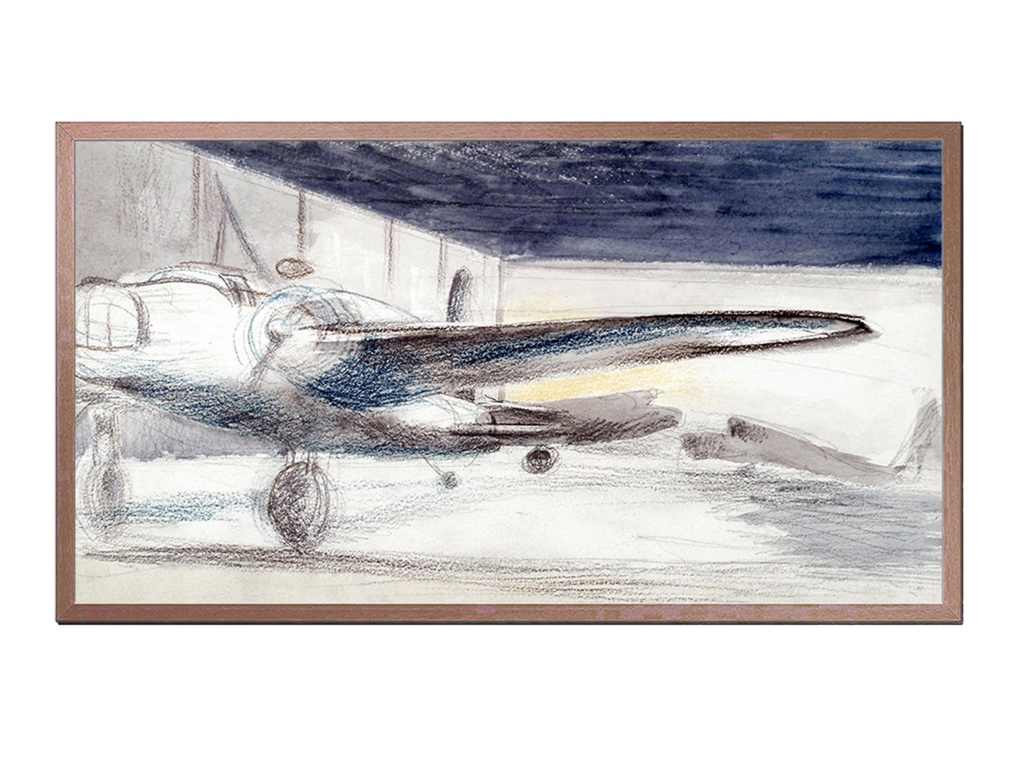 Vintage Bomber Aircraft Pencil Sketch Hangar Night War Era Art Poster