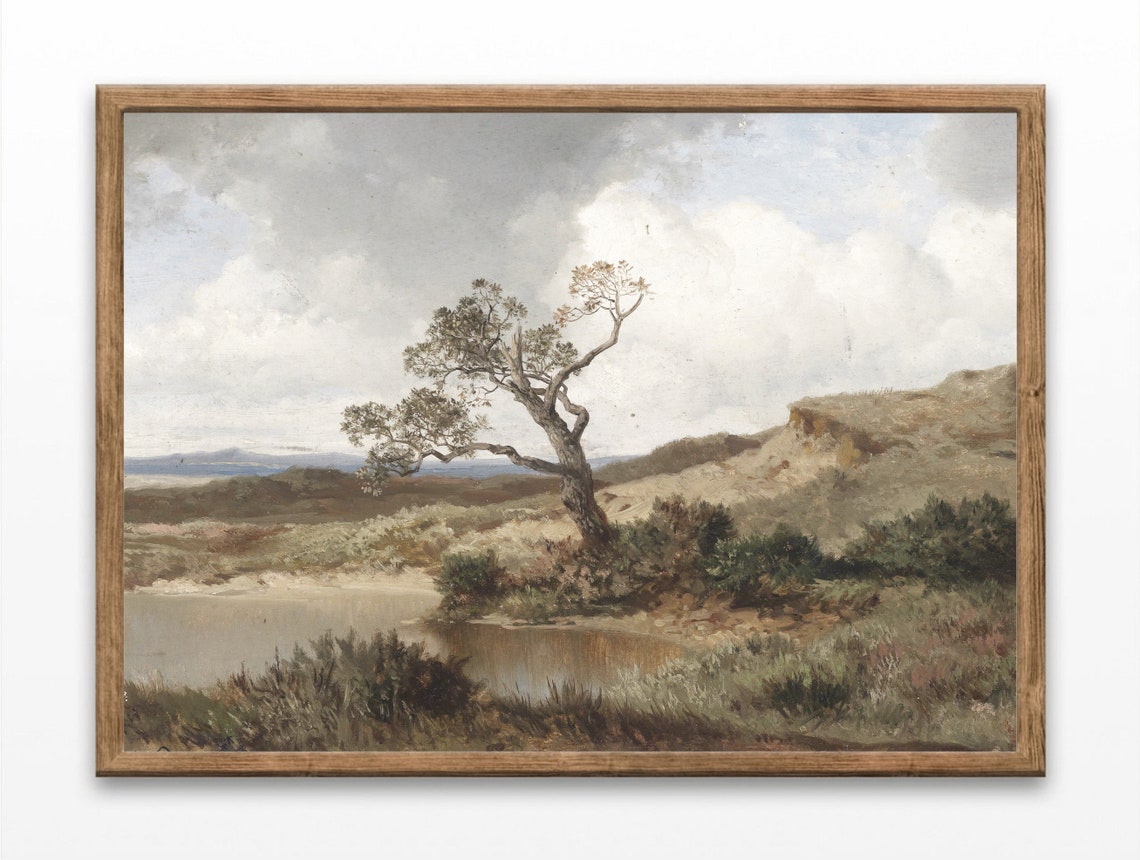 Vintage Windswept Tree by Pond Moorland Oil Painting Art Print