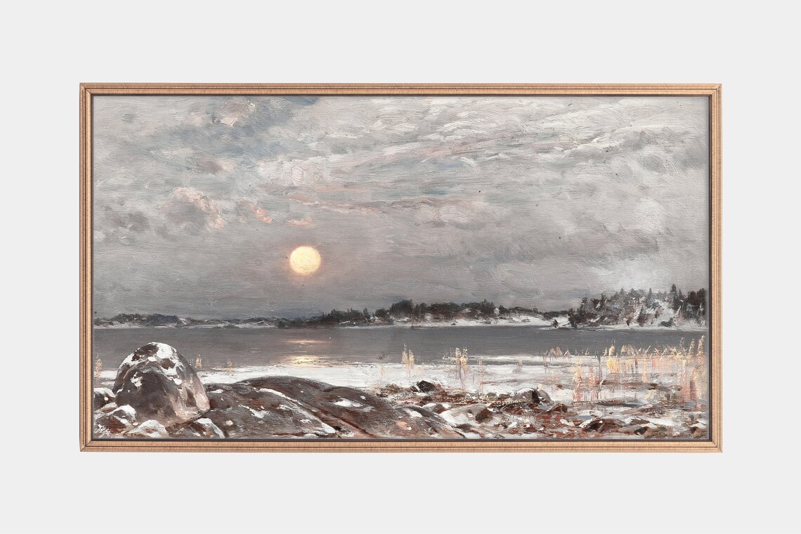 Full Moon Winter Coast Snowy Rocks Icy Bay Vintage Night Painting Poster