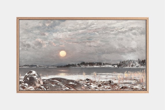 Full Moon Winter Coast Snowy Rocks Icy Bay Vintage Night Painting Poster