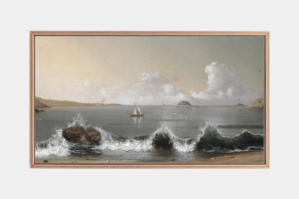 Coastal Waves Crashing Rocks Sailing Boats Vintage Seascape Oil Art Poster