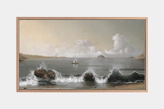 Coastal Waves Crashing Rocks Sailing Boats Vintage Seascape Oil Art Poster