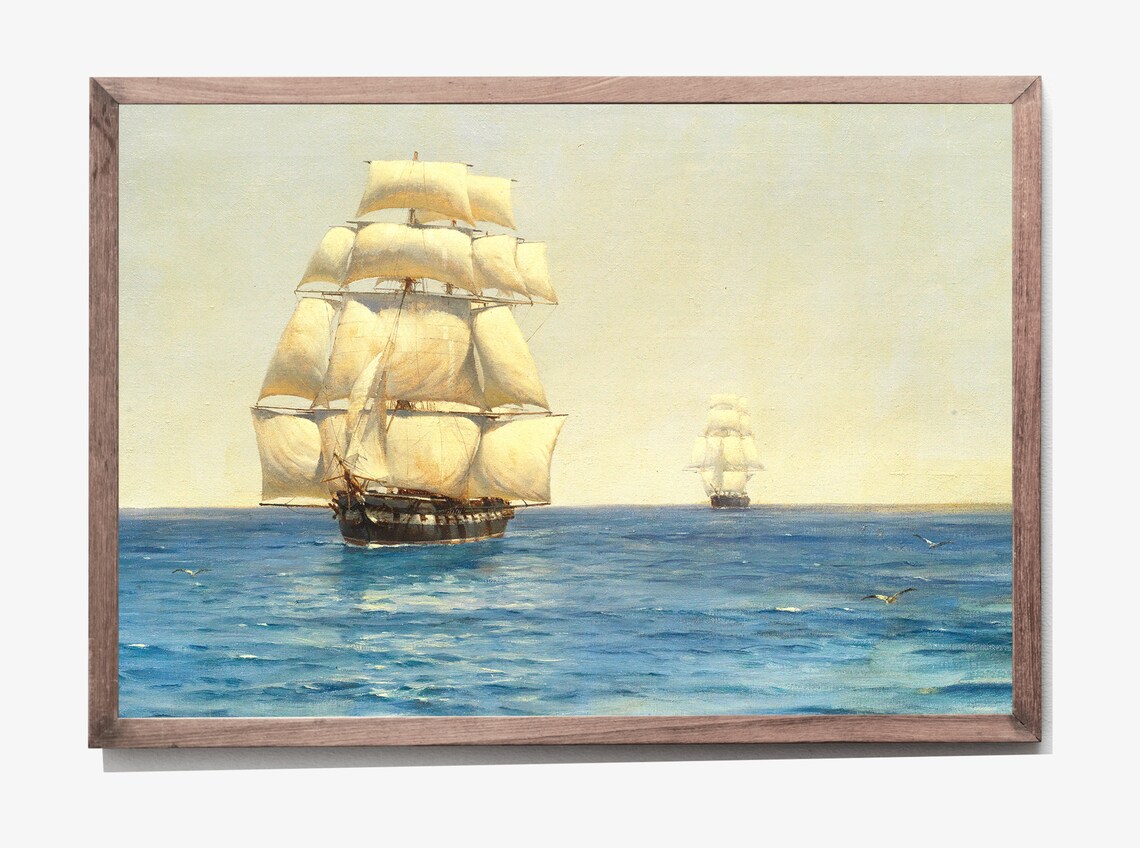 Vintage Sailing Ships On The Ocean Tall Masts Full Sails Nautical Art Poster - Image 2