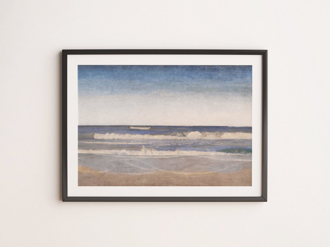 Muted Blue Beach Waves Minimalist Coastal Seascape Oil Painting Poster - Image 4